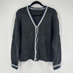 Vintage One Step Up Dark Grey 100% Shetland Wool Womens Medium Button Up Sweater